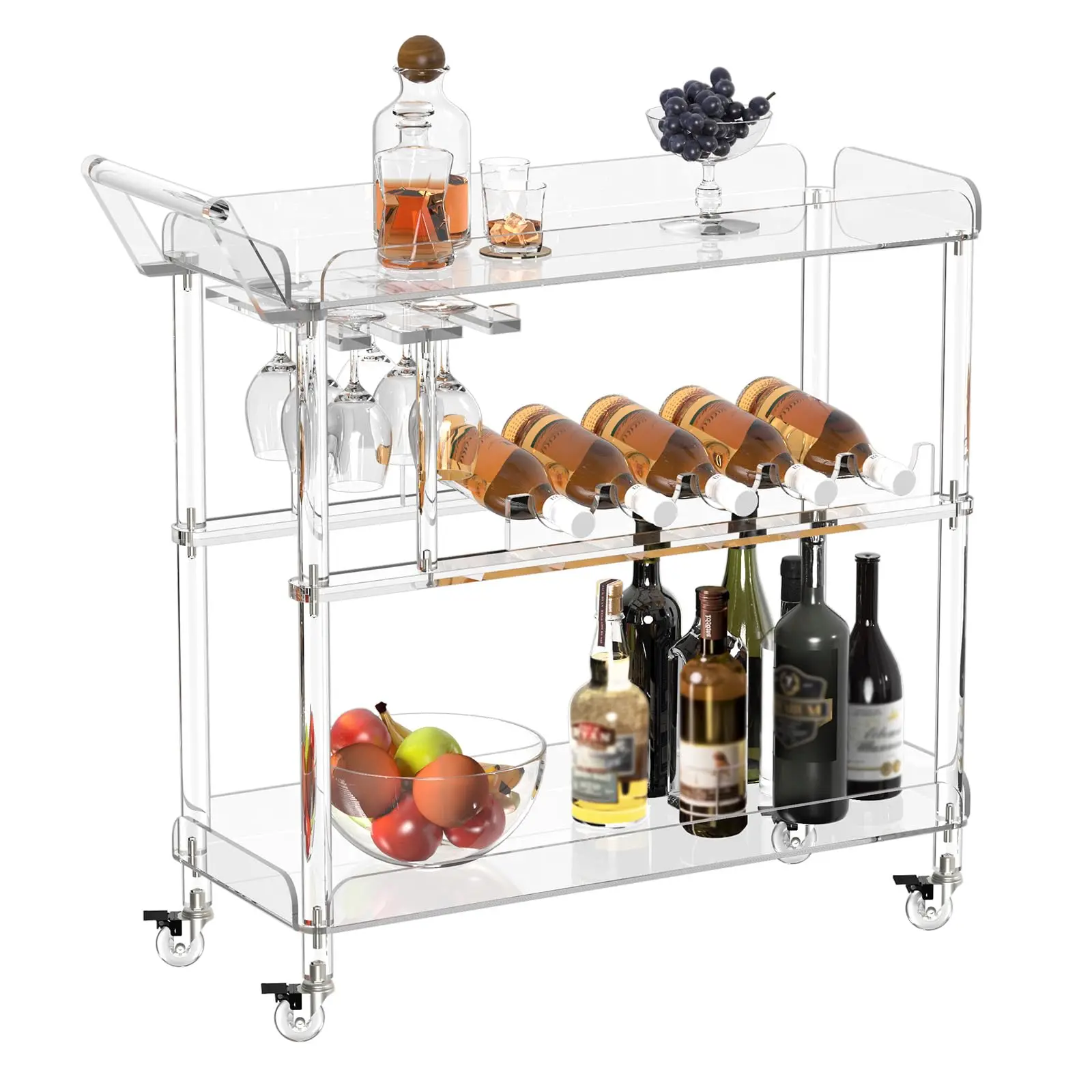 Acrylic Bar Cart with 4 Lockable Wheels, Clear Serving Cart with Wine Rack and Glass Holder, Rolling Beverage for Home, Kit