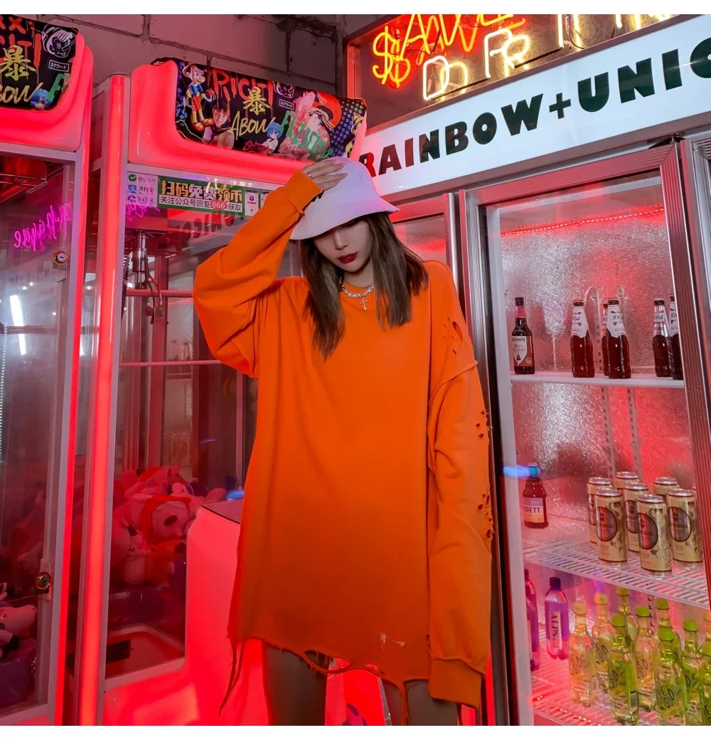 Camisolas rasgadas de manga comprida para homens e mulheres, pulôveres de ombro, streetwear com buracos rasgados, roupas grunge, sloth tops, primavera
