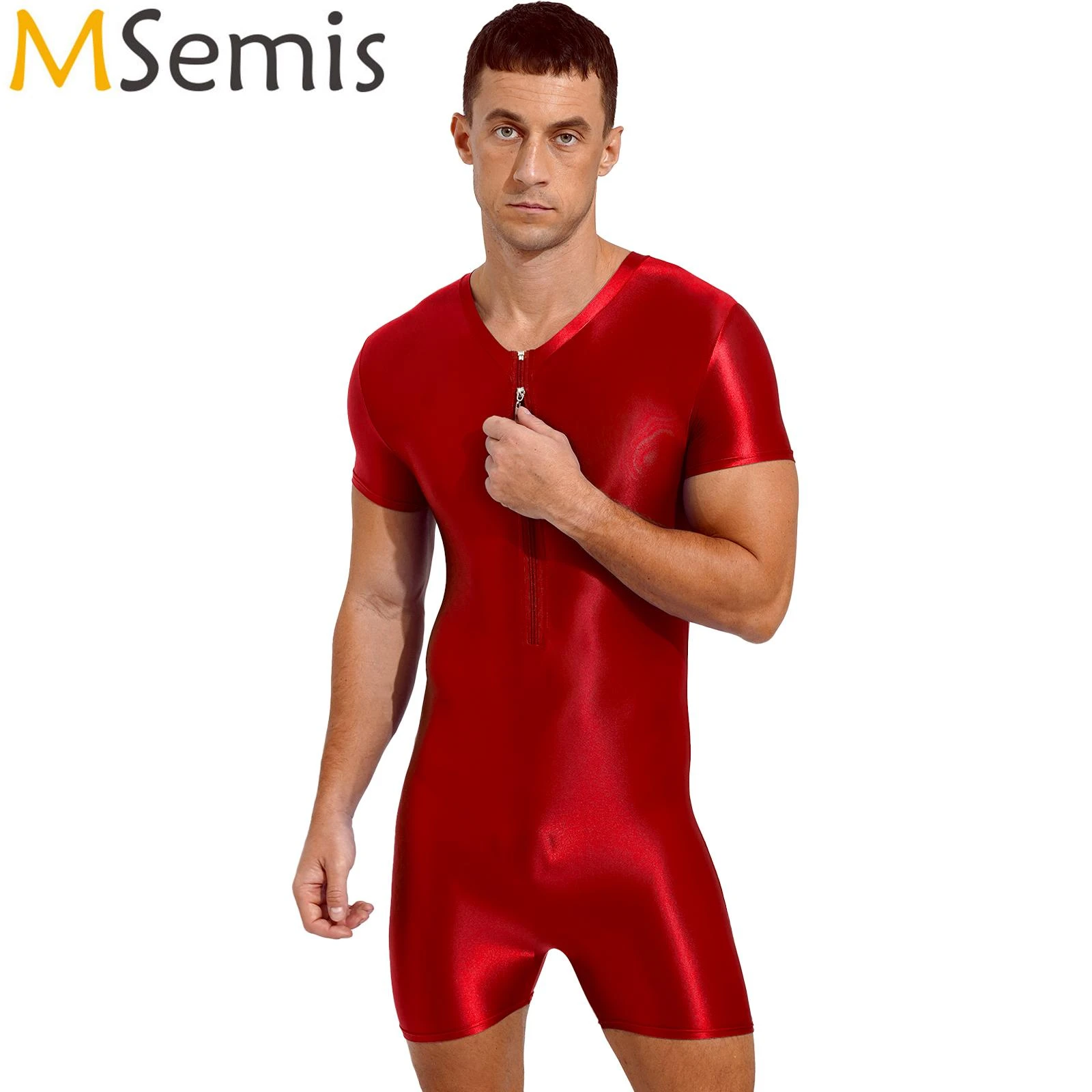 Mens Zipper Bodysuit Swimsuit One Piece Swimwear Glossy Stretchy Round