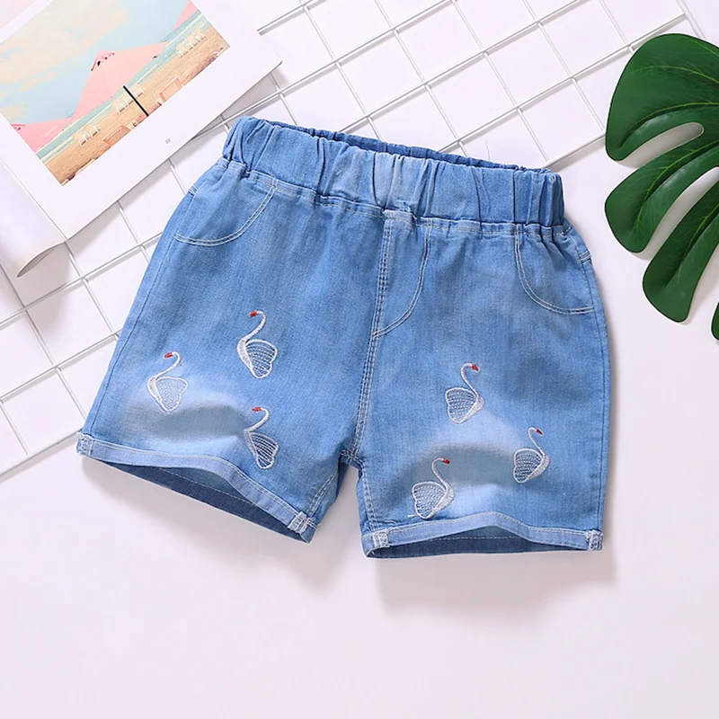 Girls Denim Shorts Teenage Girl Summer Lace Pants Kids Bow Clothes Children Flowers Embroidery Jean Short For Teenager