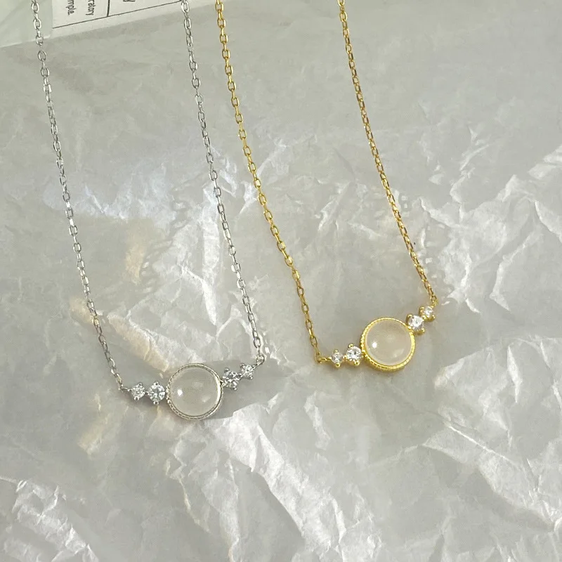 

100% 925 Sterling Silver Chalcedony Geometric Necklace for Women Girl Zircon Round Design Jewelry Party Gift Dropshipping