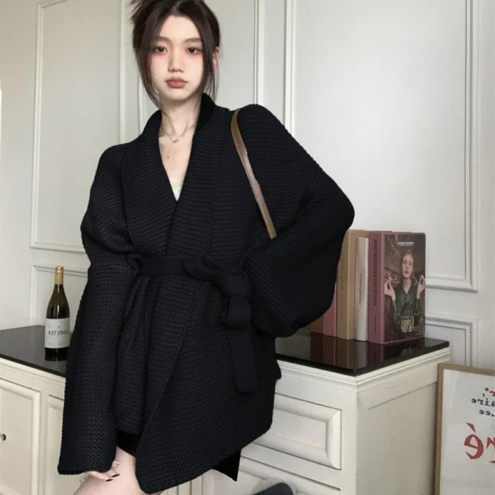 

Женские свитера, длинный кардиган с V-образным вырезом, черный вязаный Топ для женщин на осень и зиму 2023, дешевая и бесплатная доставка, предложение, современный рукав