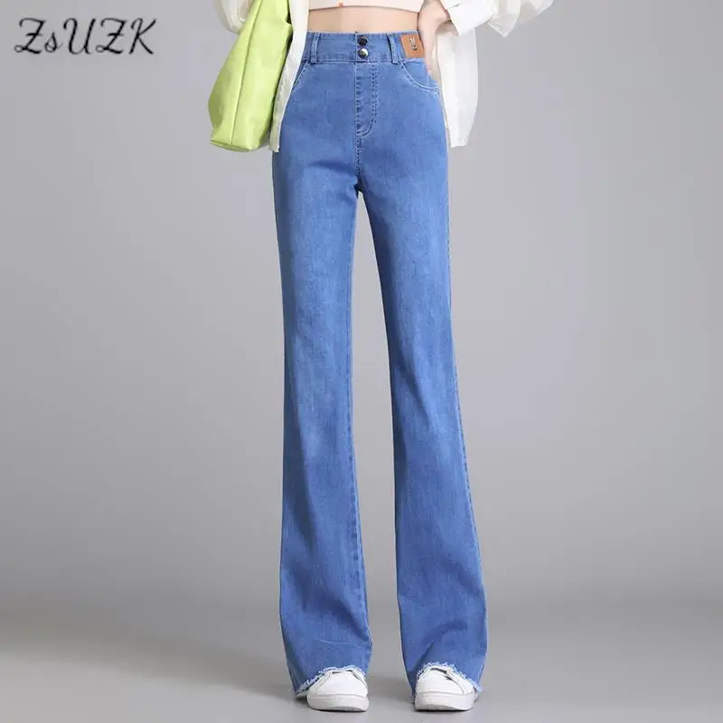 Женские джинсы с необработанными краями ZUZK, летние свободные длинные брюки из денима с эластичным поясом, повседневные широкие брюки в Корейском стиле