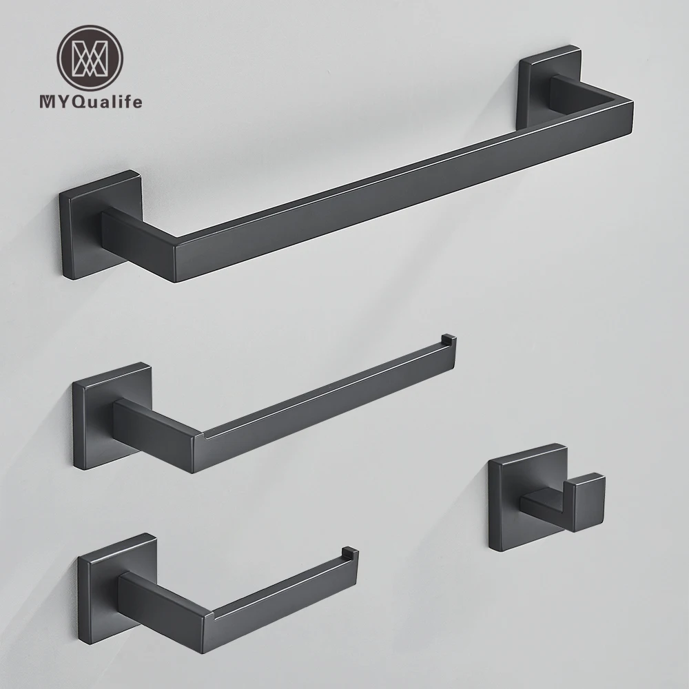 Black Bathroom 40cm Accessories Set Wall-Mount Stainless Steel Towel Bar Rack Toilet Roll Paper Holder Robe Hook Hanger Hardware