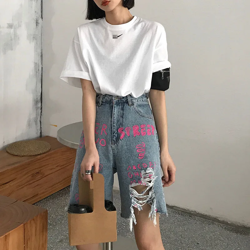

S-5XL High Waist Denim Shorts Women Summer Letter Print Ripped Wide Leg Pants Fashion Women's Jeans Hip Hop Streetwears