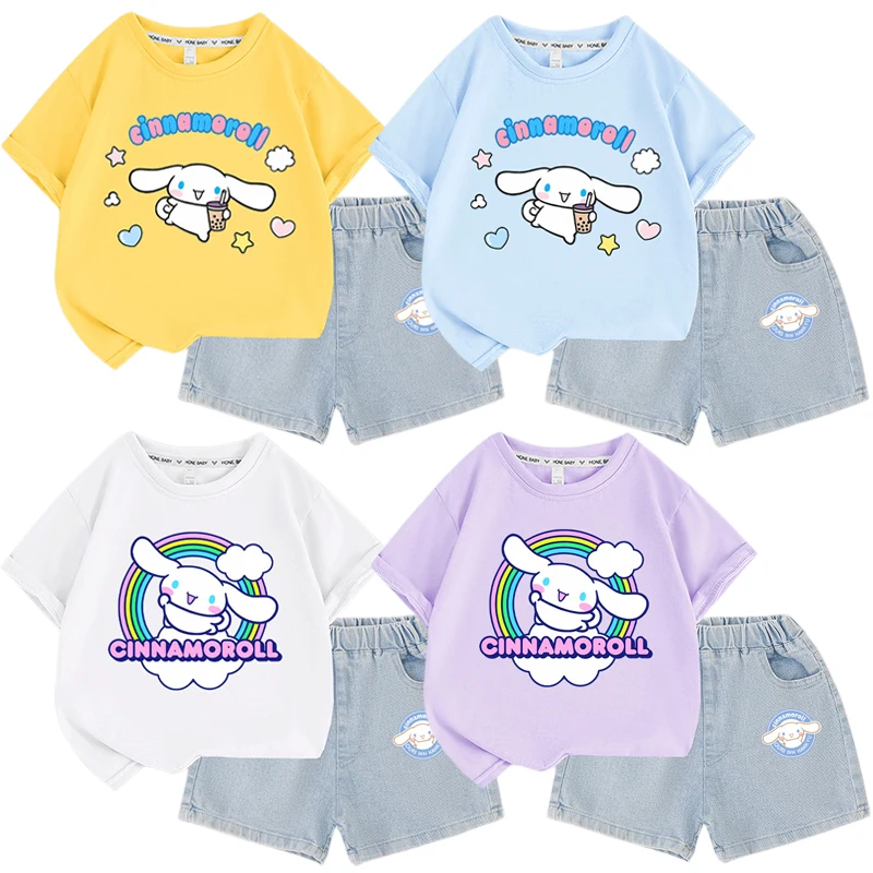 

Детская повседневная одежда Sanrios с аниме, топ в стиле Cinnamoroll, джинсовые шорты с коротким рукавом, летняя Милая футболка с коротким рукавом для девочек