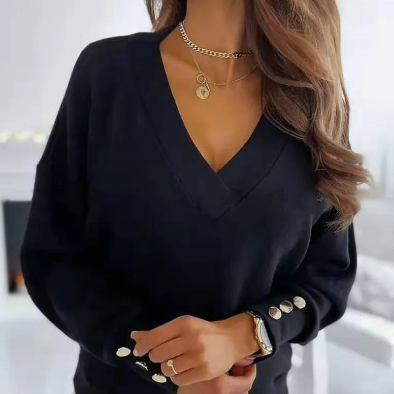 Women Long Sleeve Knitted Sweater V Neck Jumper