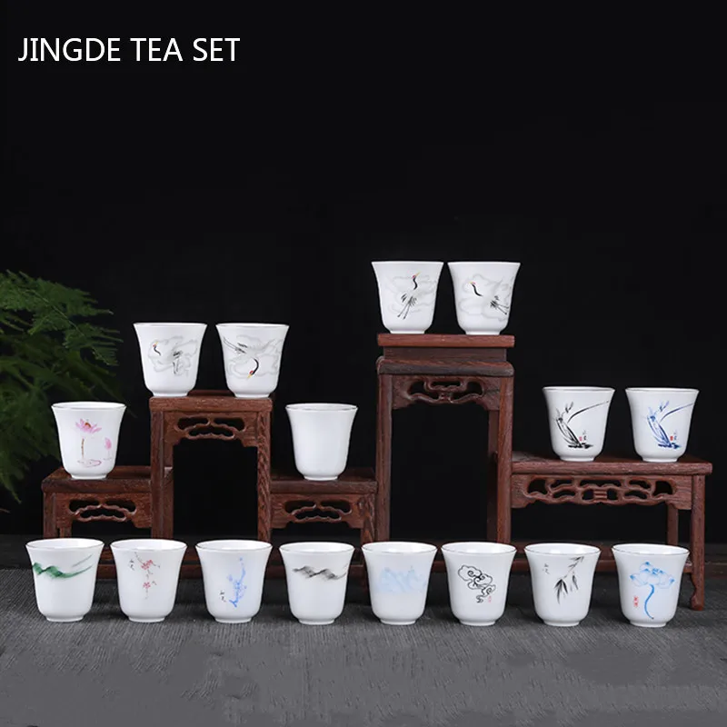 1Pc Antique Ceramic Teacup Travel Portable White Porcelain Tea Cup Boutique Hand Painted Flowers Tea Bowl Household Tea Set