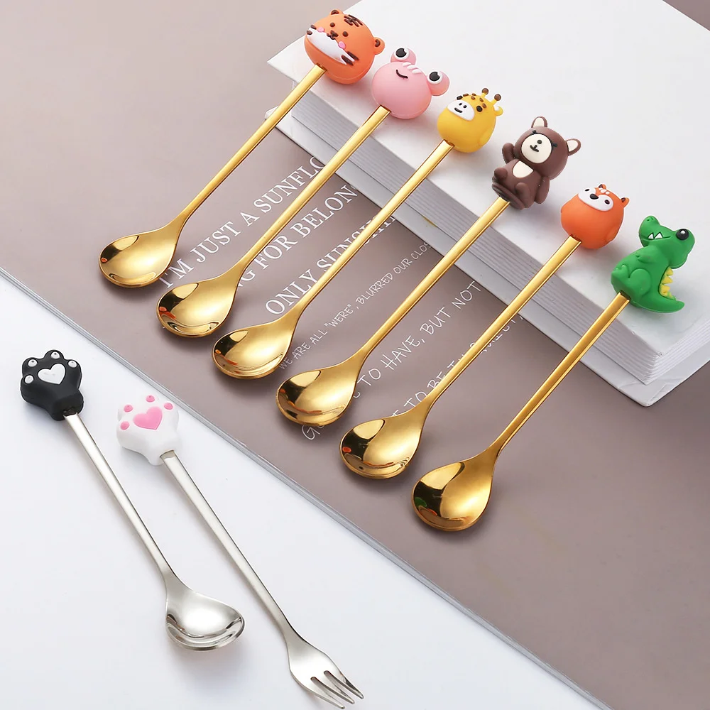 Mini Dessert Spoon Stainless Steel Spoon Fork Ice Cream Coffee Stirring Spoons Teaspoon Donut Fruit Fork Kitchen Flatware