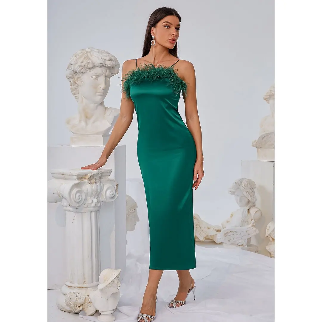 

Women's luxurious Evening Bandeau Feather Green Dress One piece Birthday Evening Cocktail Club Party Dress