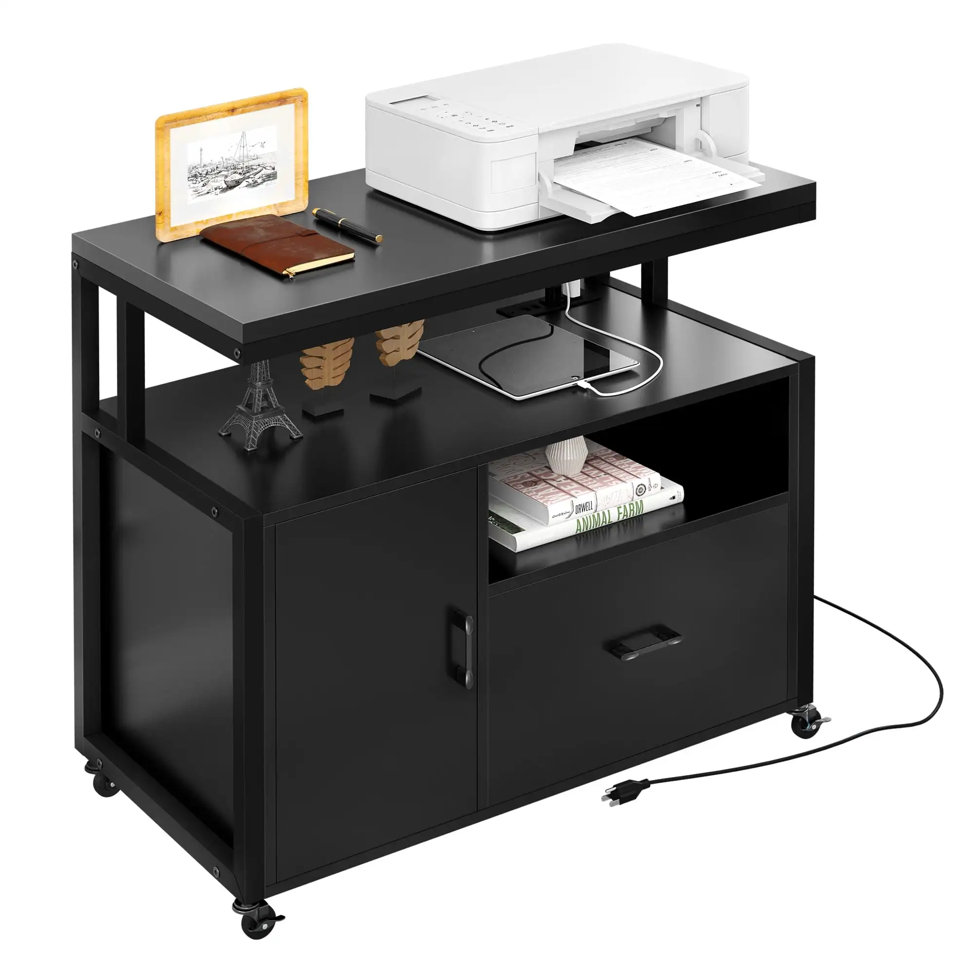 

Dextrus Wood File Cabinet with Charging Station, Rolling Lateral Filing Cart with Door & Printer Shelf for A4 Letter Size Files