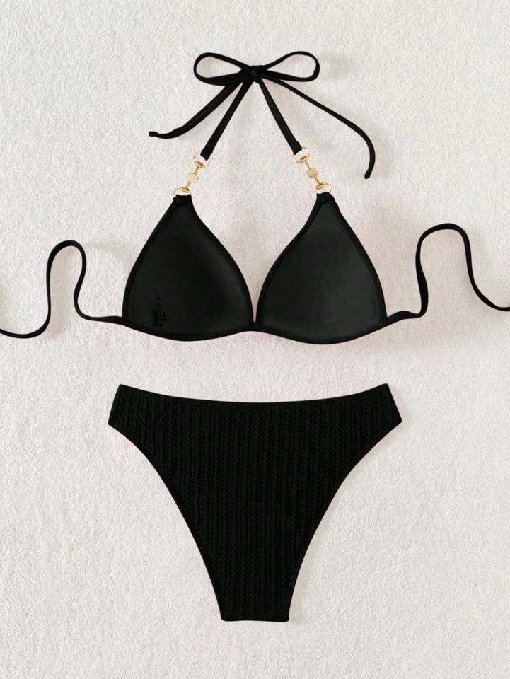 women's Solid Color Bikini Three-Piece Sexy Beach Vacation Swimsuit with Padding