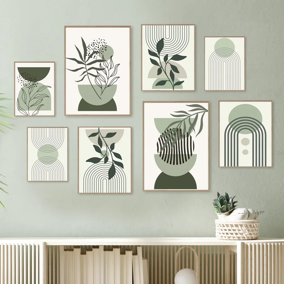 

Abstract Geometric Poster Boho Leaves Arches Mid Century Modern Wall Art Print Canvas Painting Wall Pictures Living Room Decor