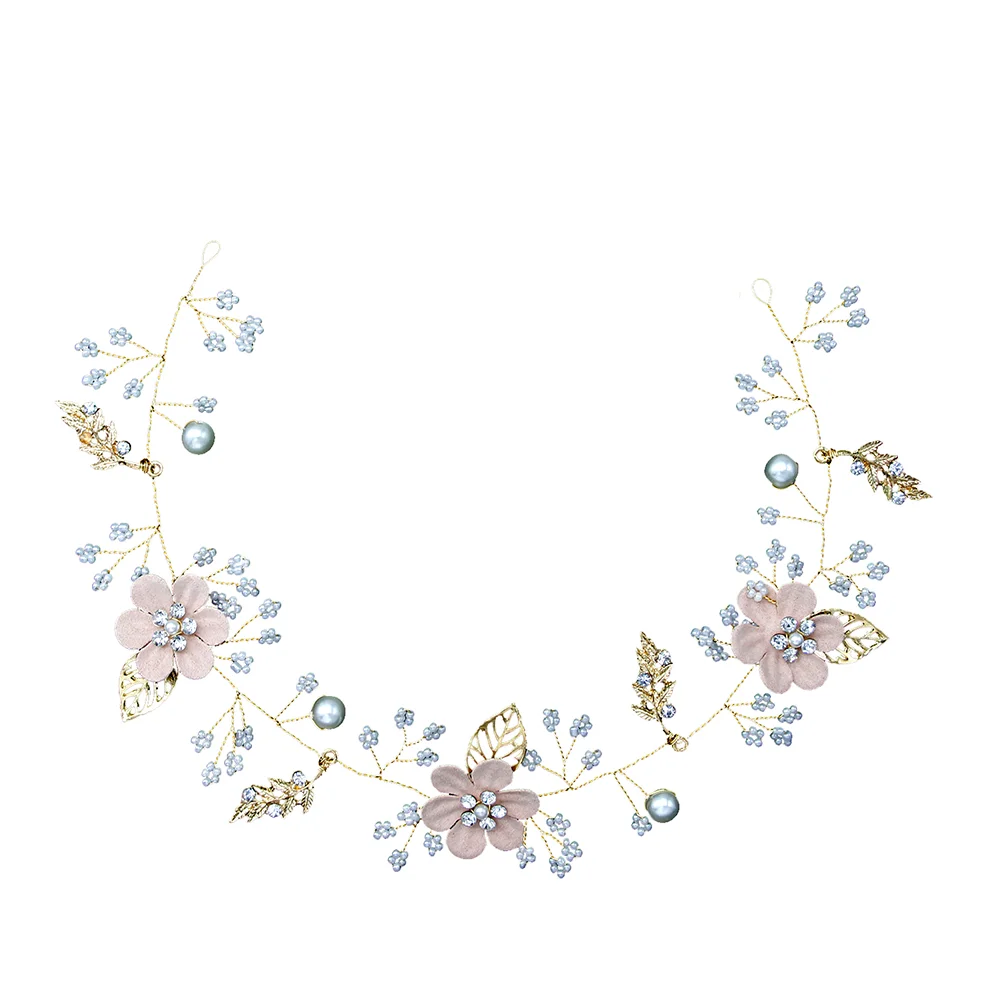 

Rhinestone Flower Leaf Headband Wedding Alloy Pearl Headpiece Bridal Jewelry for Decoration Party (Pink)