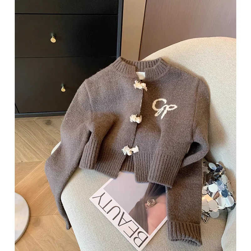 

Winter Autumn Women Contrasting Colors Brown Cardigans Cozy Cashmere Top Knitted Outerwear Long Sleeve Embroidery High Quality