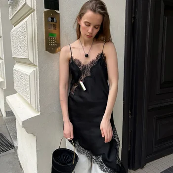 Vintage Brown Lace Patchwork Women Dress Sexy Sleeveless Backless Female Dresses 2025 Summer Autumn Party Lady Robe New 8