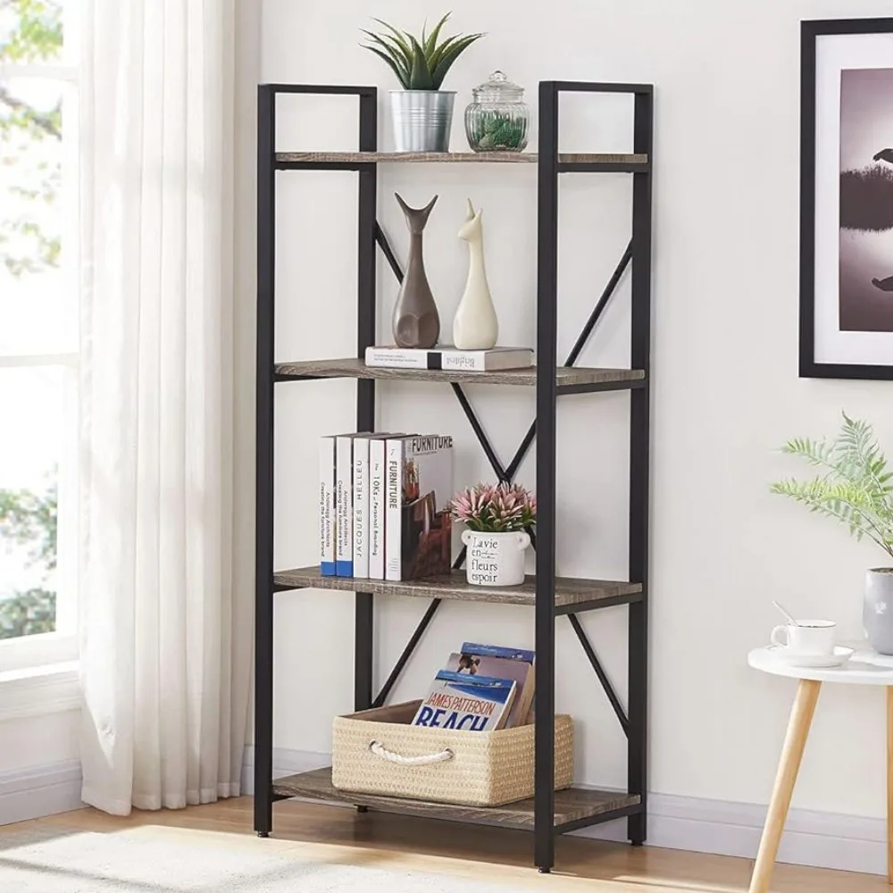 

BON AUGURE Industrial 4 Tier Bookshelf, Modern Open Etagere Bookcase, Wood Metal Book Shelves for Living Room, Bedroom