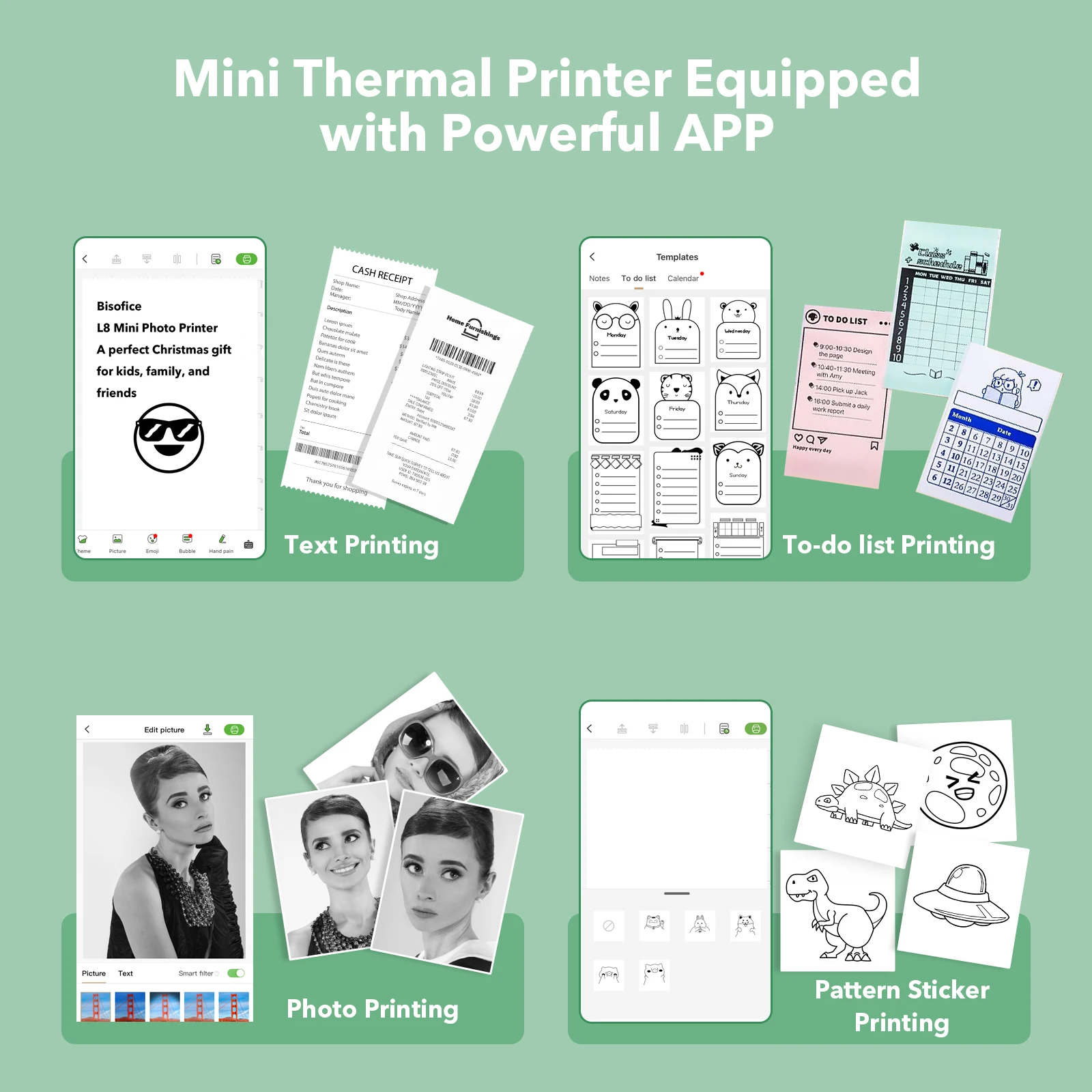 Bisofice L8 Mini Thermal Printer Pocket Label Maker Portable Photo Printer for Picture DIY Meno Notes Journal 203DPI Wireless BT