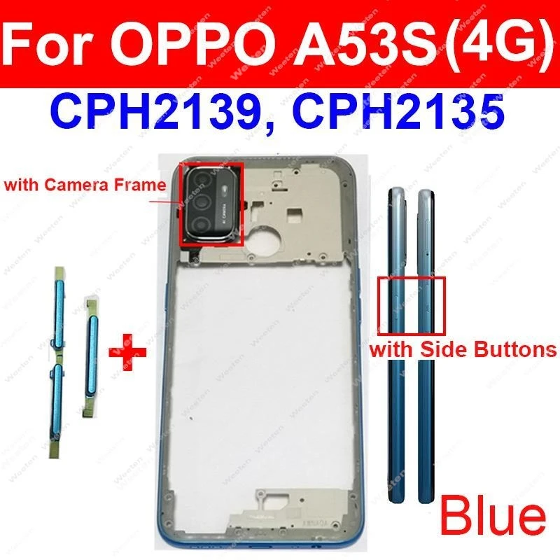 OPPO A53S A53 4G A53 5G 중간 프레임 하우징 커버 후면 배터리 도어 하우징 베젤 부품 (카메라 렌즈 프레임 포함/제외)