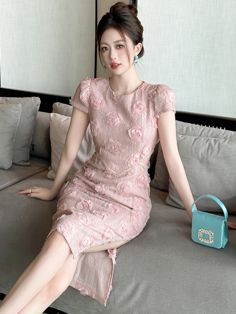 Vestido de noche Floral de punto para mujer, ropa elegante, Sexy