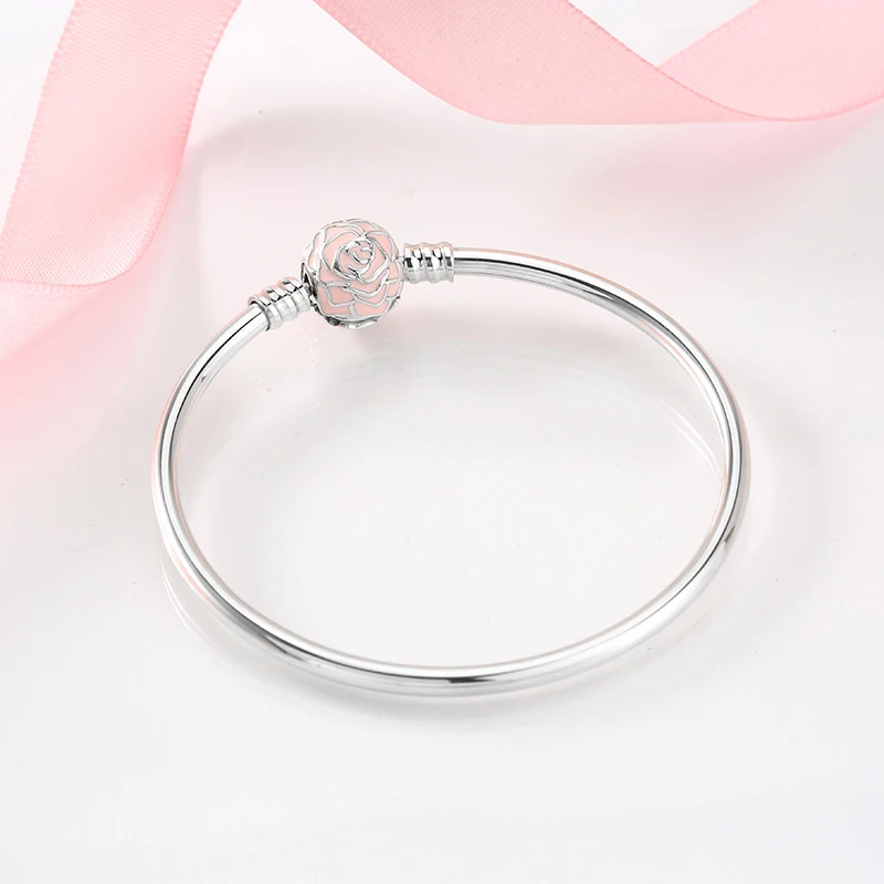 925 Sterling Silver Charm LOVE Pink Rose Bracelets Bangles Diy Fashion Jewelry Womens Accessories Trendy Jewelry Gift