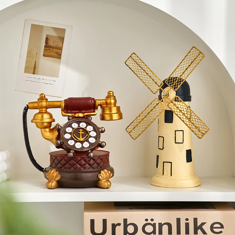 

Retro Telephone Figurine Home Decoration Crafts Vintage Windmill Miniatures Classical Interior Cabinet Tabletop Ornament Gift