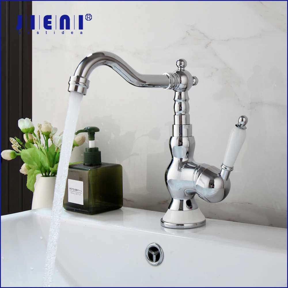 

JIENI Chrome Polished Bathroom Faucet Basin Sink Mixer Taps Vanity Deck Mounted Single Handle Single Hole Solid Brass Faucets