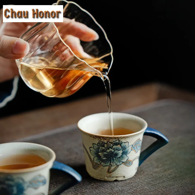 55ml Blue And White Flint Red Teacup Handmade Gold Drawing Peony Flower Tea Bowl Sample Tea Cup Master Cups For Tea Drinkware