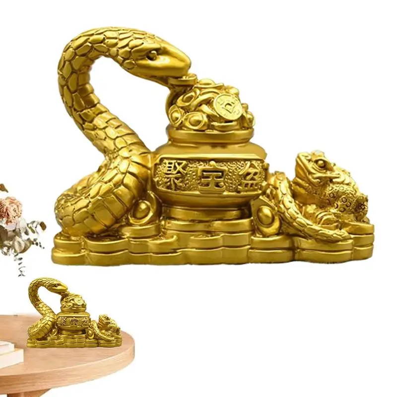 Year Of The Snake 2025 Retro Gold Feng Shui Snake Toad Statue Figurine Coin Money Wealth Luck Figurine Home Director Accessories