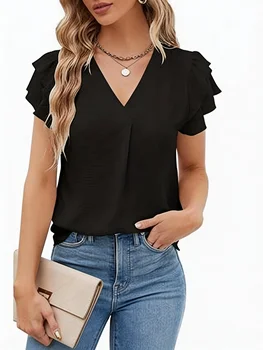 Women's Casual Blouse - V-Neck Ruffle Sleeve Top with Soft Wrinkled Fabric for Daily Wear 1
