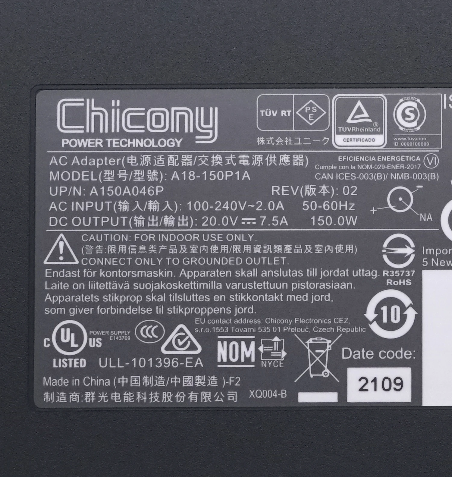 A18-150P1A AC 어댑터 치코니 20V 7.5A 150W 충전기 7.4x5.0mm 노트북 전원 공급 장치