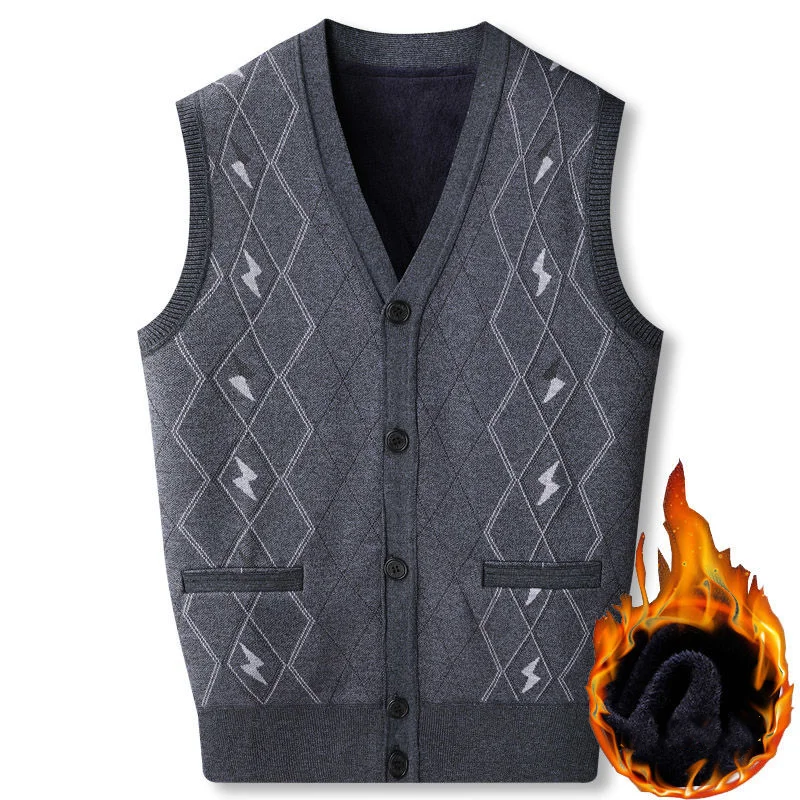 Autumn Winter Men Warm Sweater Vest Button Pockets Casual Simple V-neck Male Clothes Fleece Thicken Knitted Cardigan Tank Top
