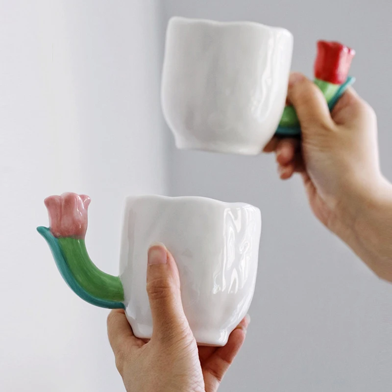 Creative Handmade Irregular 3D Tulip Flower Ceramic Mugs Cute Hand Painted Porcelain Coffee Cup