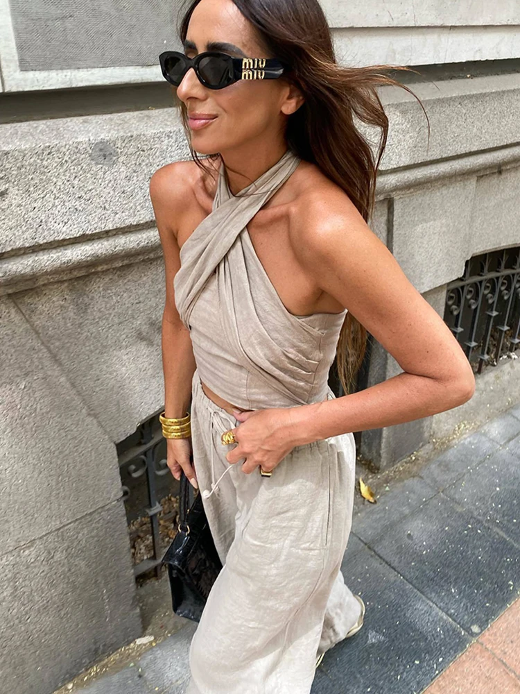 Soft Women Linen Pants Set 2023 Summer Fashion Ladies Elegant Loose Boho Two Piece Set Streetwear Female Chic Outfits Sexy 4