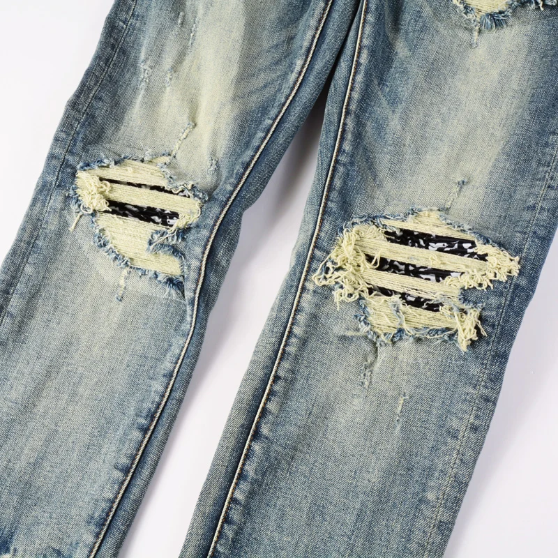 High Street Fashion Men Jeans Retro Washed Blue Stretch Skinny Fit Ripped Jeans Men Patched Designer Hip Hop Brand Pants Hombre
