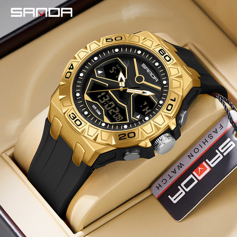 

SANDA 3198 Men Watch Creative Unique Outdoors Luminous Chronograph Silicone Strap Electronic Quartz Dual Display Male Watches