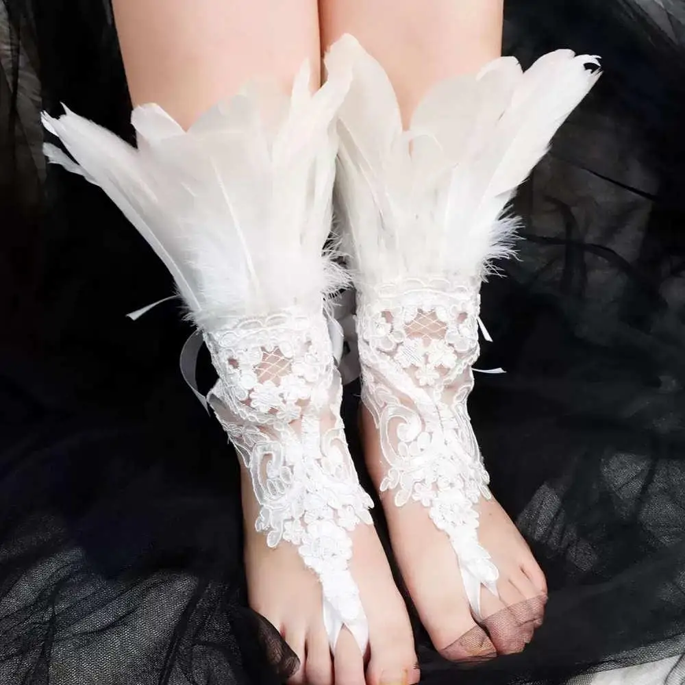 1PC Sexy Lace Feather Long Gloves Party Cosplay Lace Wrist Cuffs Wedding Party Show Costume Halloween Gothic Sleeves Accessories