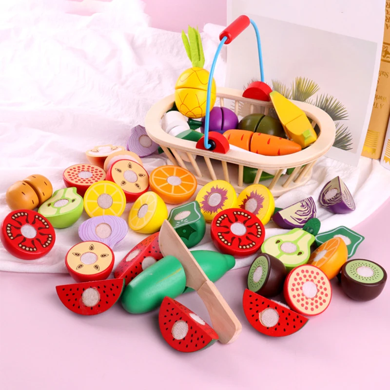 Toddler Simulation Kitchen Pretend Toy Wooden Play Food Cutting Magnetic Fruit Vegetable Set Montessori Educational Children Kid