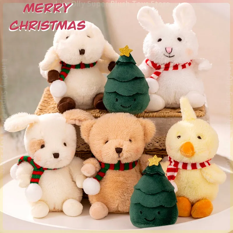 Christmas Party Decor Plush Toys Cute Little Bear Bunny Chick Dog Wear Scarf Green Christmas Tree Doll for Kids Girls Xmas Gifts merry christmas green red
