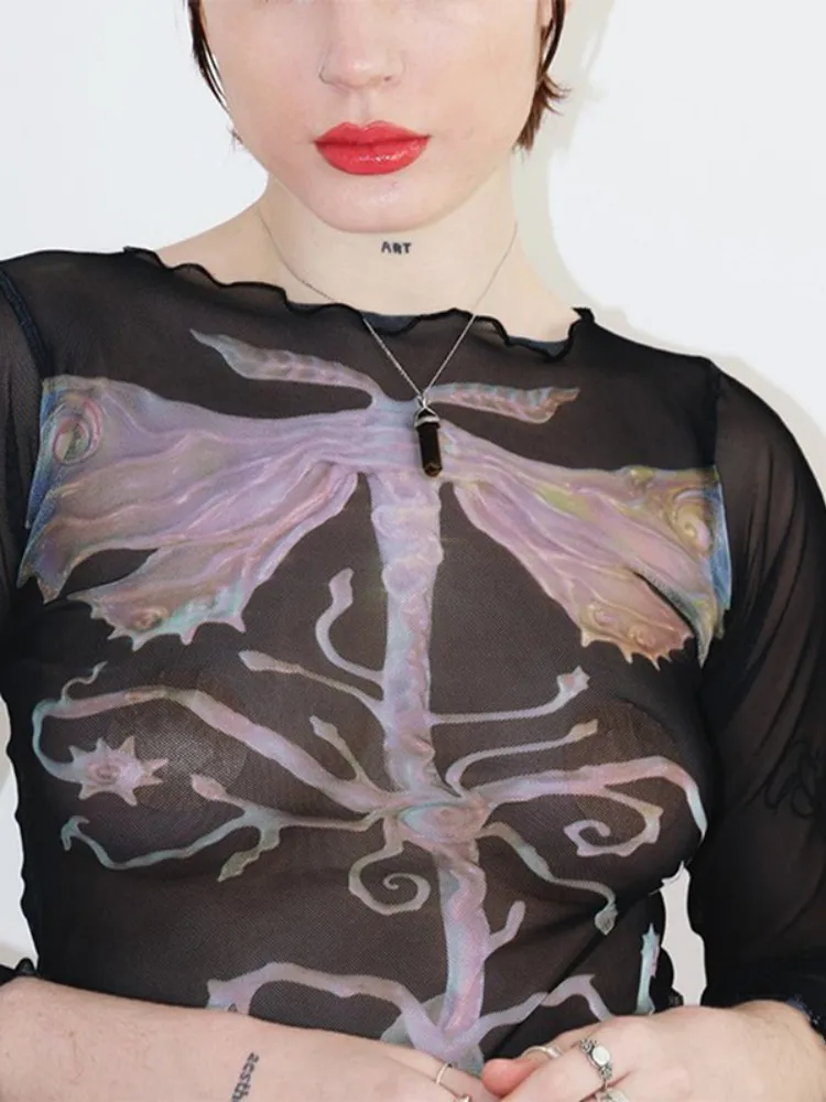 Abstract Print Graphic T Shirts For Women Clothes Y2k Accessories Mesh See Through Ropa De Mujer Bodycon Crop Top Quarter Sleeve