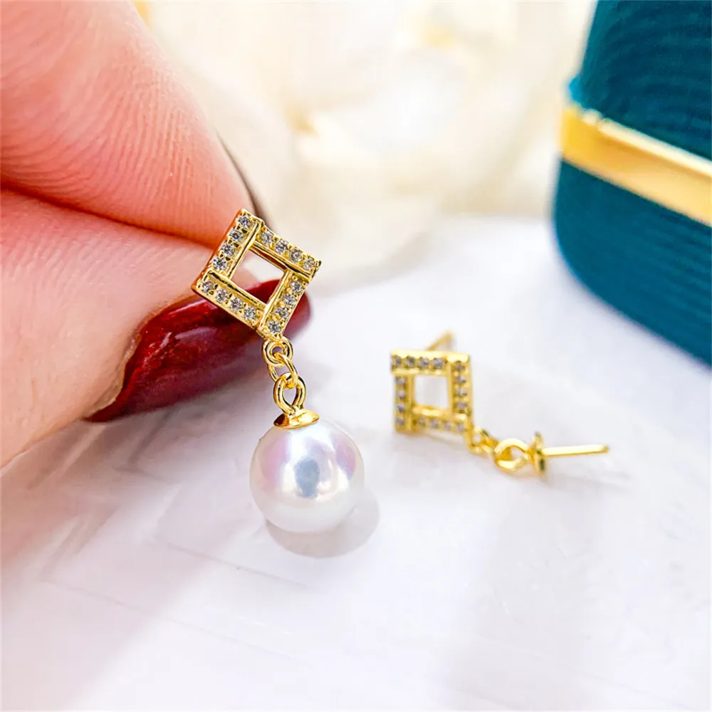 

DIY pearl earrings accessories S925 sterling silver jewelry diamond shaped earrings for women's empty holder Fit 8-10mm beads