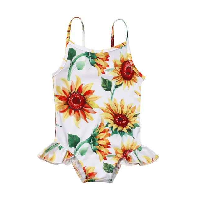 Infant Baby Girls Summer Swimsuit Sleeveless Sling Sunflower Print Ruffle Beachwear