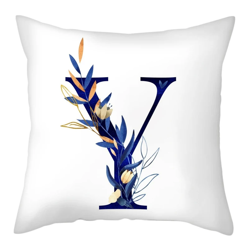 Simple Blue Leaf Alphabet Print Cushion Case 26 Letters Decoration Pillows Case Sofa Chair Livingroom Polyester Throw Pillowcase 