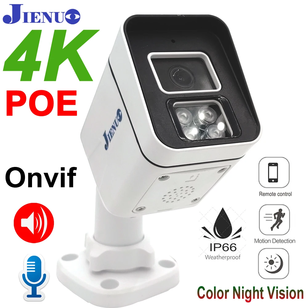 JIENUO 4K POE Camera CCTV Security Surveillance Outdoor Waterproof Color Night Vision Video Two-Way Audio 5MP 8MP Onvif Home Cam
