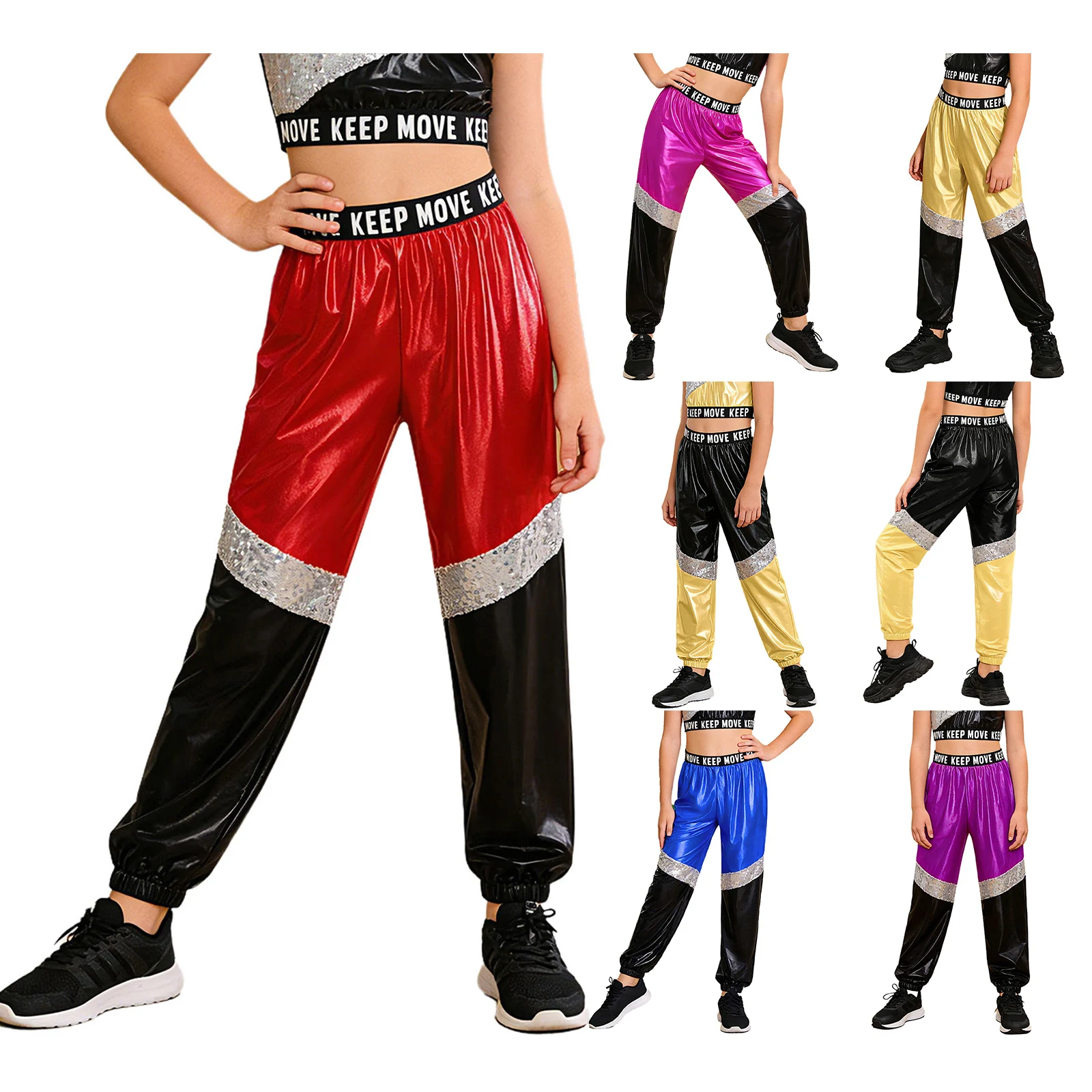 Kinder Mädchen Disco Hip Hop Jazz Tanzkostüm Hose Buchstabendruck Elastischer Bund Funkelnde Pailletten Farbblock Metallic-Hose – Detail 3