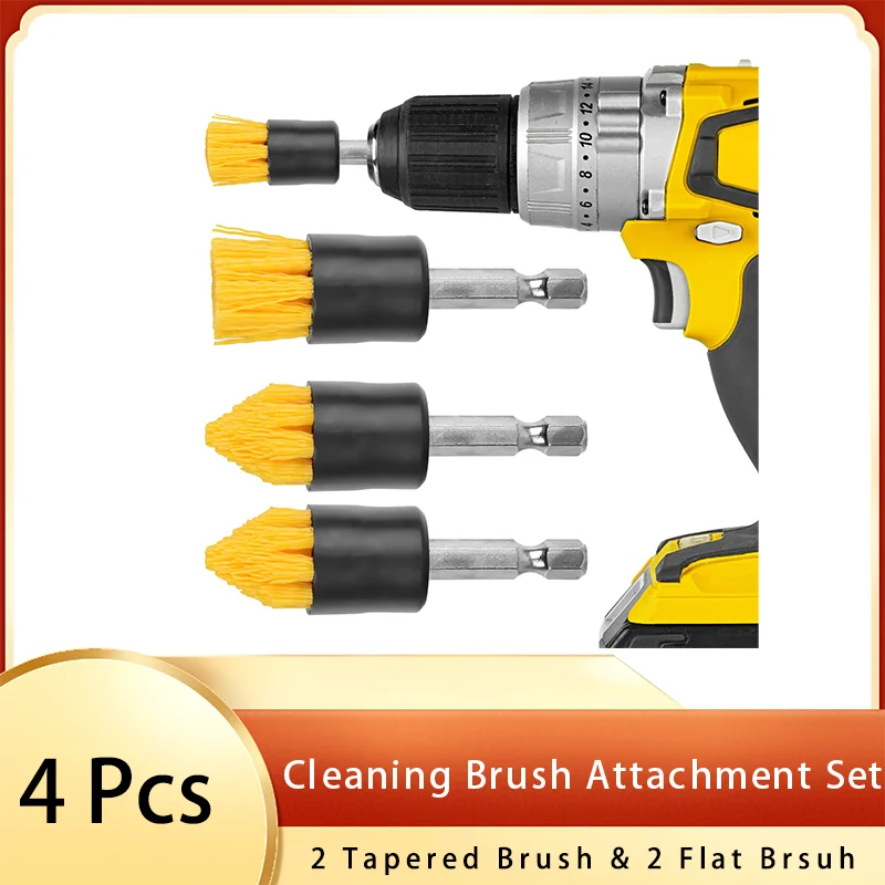 Cleaning Brush Attachment Set 4 Pcs with Tapered and Flat Brush for Cordless Drill Tile Grout Drill Brush Set Drill Attachments