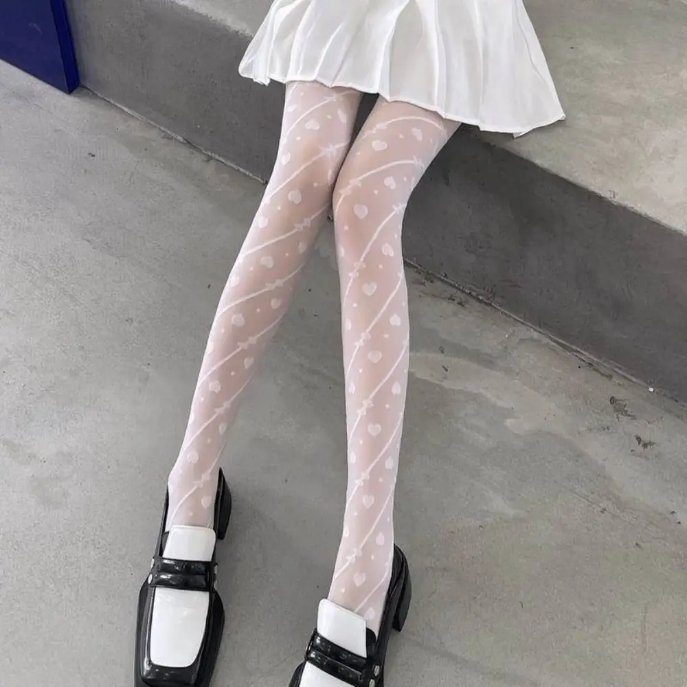 Casual Bowknot Heart Long Tights Transparent Lolita JK Stripe Dot Stockings Ultra-thin Harajuku Mesh Pantyhose Girl