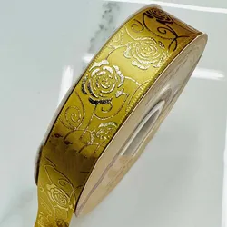 Gold and Silver Foil Rose Floral Satin Ribbon - 25mm, Elegant DIY Packaging Accessory - 48yards (22 gold foil)