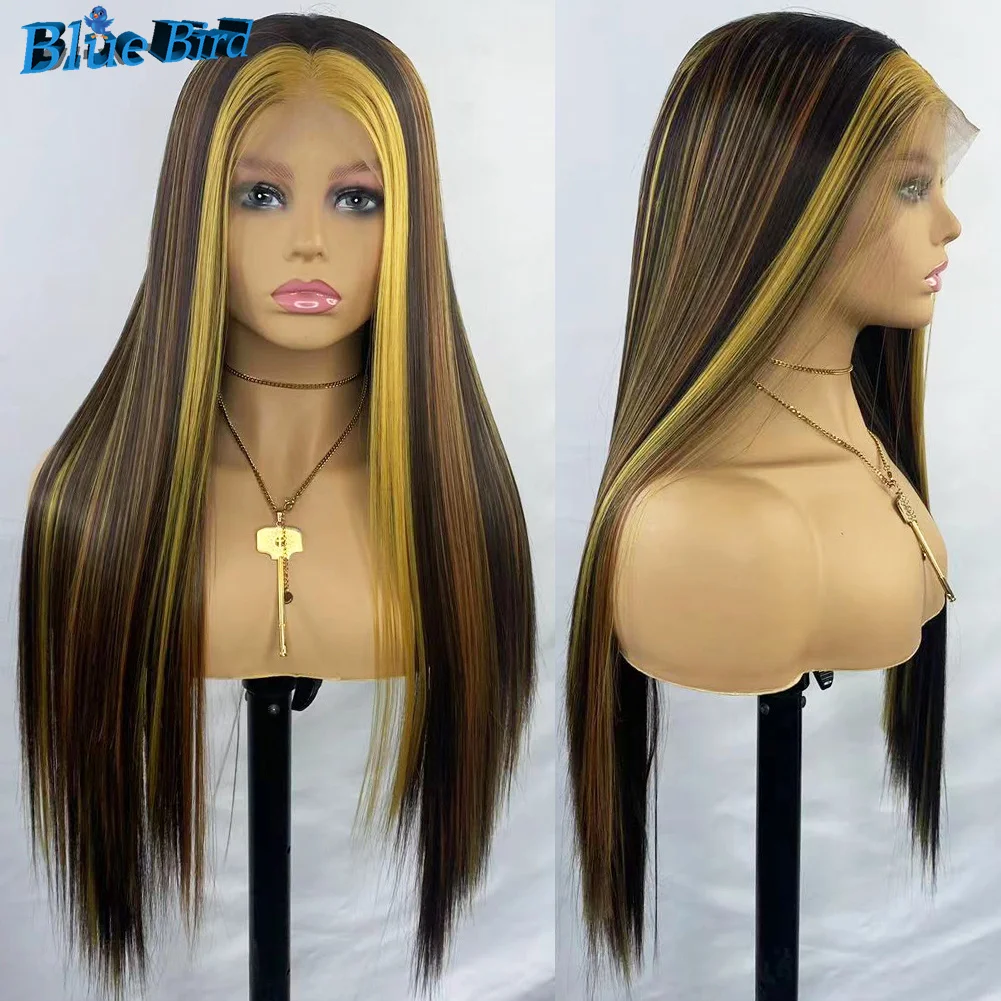 

BlueBird Yellow Highlights 13x4 Glueless Futura Synthetic Lace Front Wigs For Women Glueless Silky Straight Heat Resistant Wig