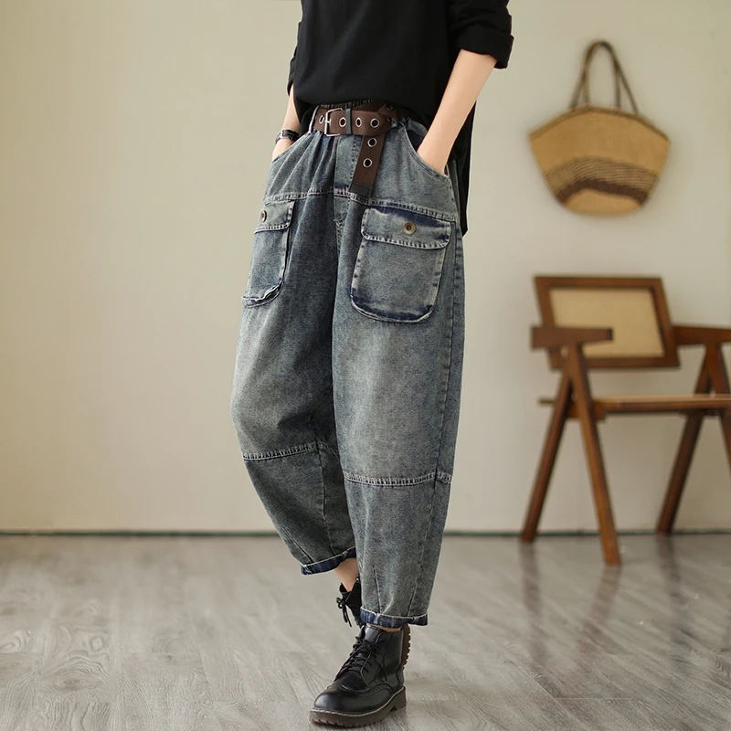 Retro 3D ket Denim Harem Pants Women's Spring Summer New Faion Casual Elastic Waist Loose Workwear Sle Blue Jeans